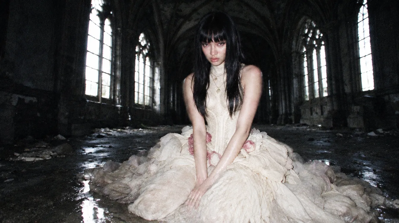 Kneeling between tall arched windows, the floor shining with water