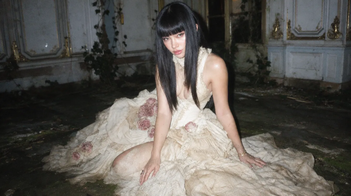 She sits on the wet floor of a ruined palace room in an ivory gown with roses, flash-lit